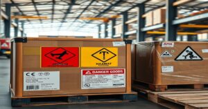 Dangerous goods labels and IATA hazmat packaging on aviation cargo crates inside a Kuwait airport warehouse