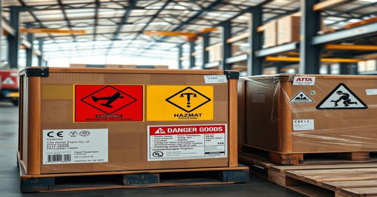 Dangerous goods labels and IATA hazmat packaging on aviation cargo crates inside a Kuwait airport warehouse