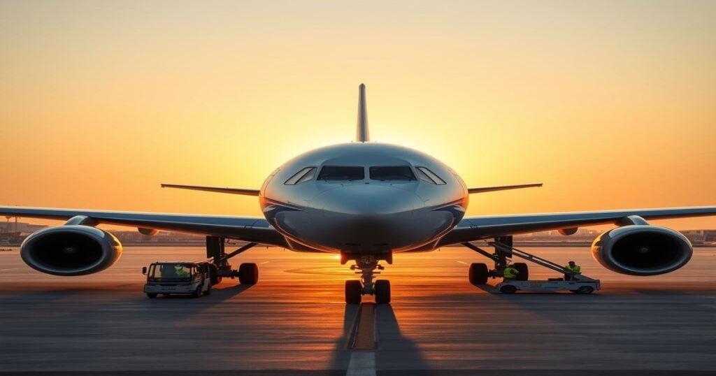 Wide-body charter aircraft on the tarmac at Kuwait International Airport at golden hour with ground handling crew working underneath