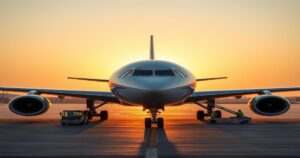 Wide-body charter aircraft on the tarmac at Kuwait International Airport at golden hour with ground handling crew working underneath