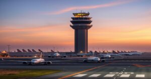 Air traffic control tower at Kuwait International Airport with planes queued on taxiway at dusk