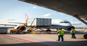 Aircraft cargo ULD container being loaded onto a narrow-body aircraft by ground handling crew on the tarmac