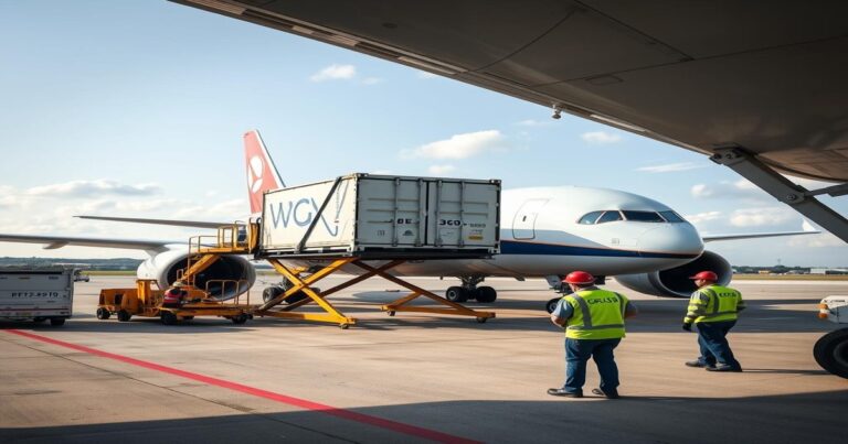 Aircraft cargo ULD container being loaded onto a narrow-body aircraft by ground handling crew on the tarmac