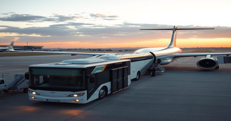 Airline crew bus parked beside a narrow-body aircraft on the tarmac at an airport with crew members boarding